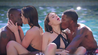 Interracial pool foursome with two hot caucasian brunettes